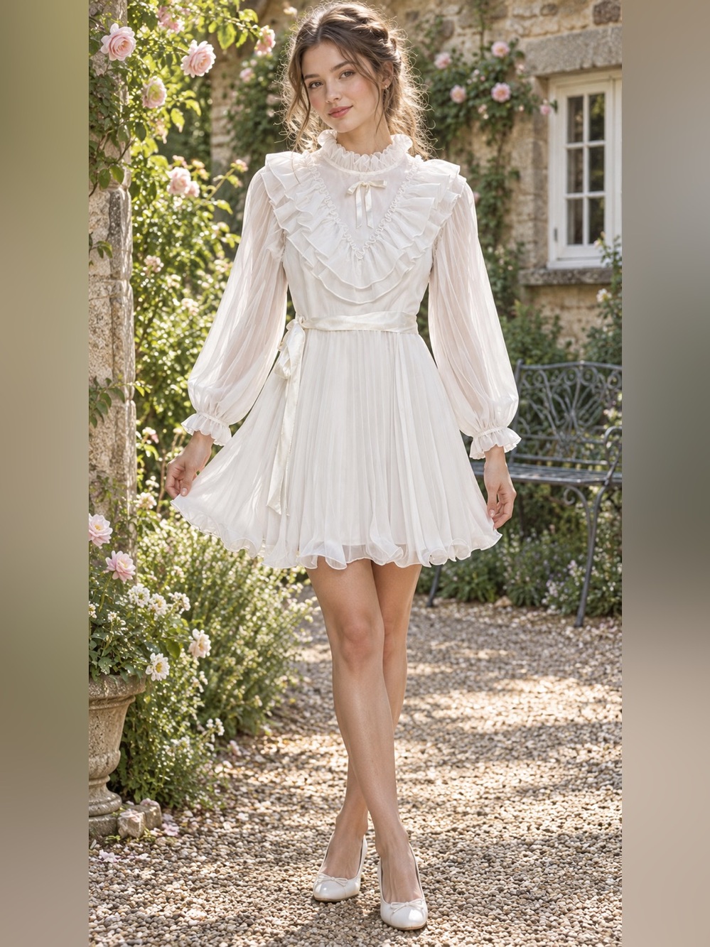 Vintage 80s White Victorian Ruffle Pleated Cottagecore Mini Dress